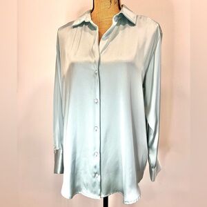 Zara Oversized Satin Button Down Blouse Mint Green Spring Size Medium